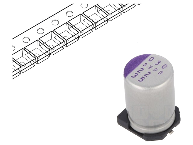 Condensator: polymeer; 22uF; 35VDC; SVPD; SMD; ±20%; -55÷125°C; 50mΩ Condensator: polymeer; 22uF; 35VDC; SVPD; SMD; ±20%; -55÷125°C; 50mΩ